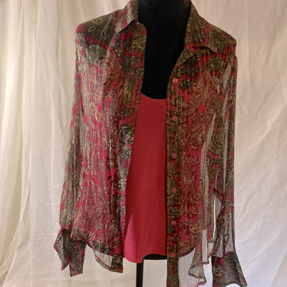 SilkLand Sheer Paisley Button-Down Blouse in Pink and Green